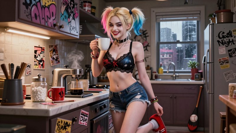 Harley Quinn with pink and blue pigtails holds a steaming coffee mug in a playful graffiti-covere...