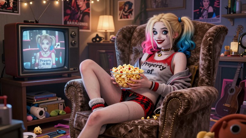 Harley Quinn relaxes in a plush armchair holding a popcorn bowl while watching herself on a retro...