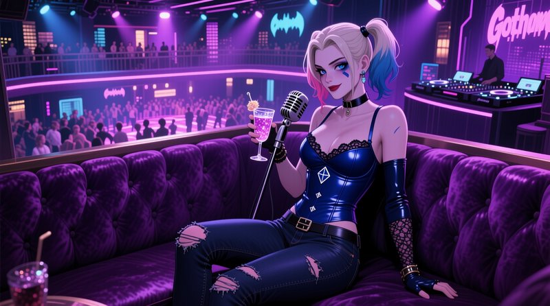 Harley Quinn holds a cocktail and vintage mic while seated in a purple velvet Gotham nightclub booth