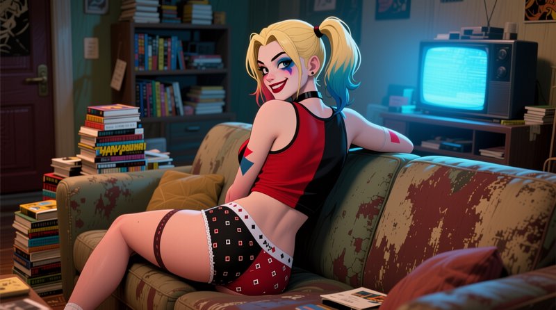 Harley Quinn smiles looking over her shoulder while sitting on a worn retro couch in a cluttered ...