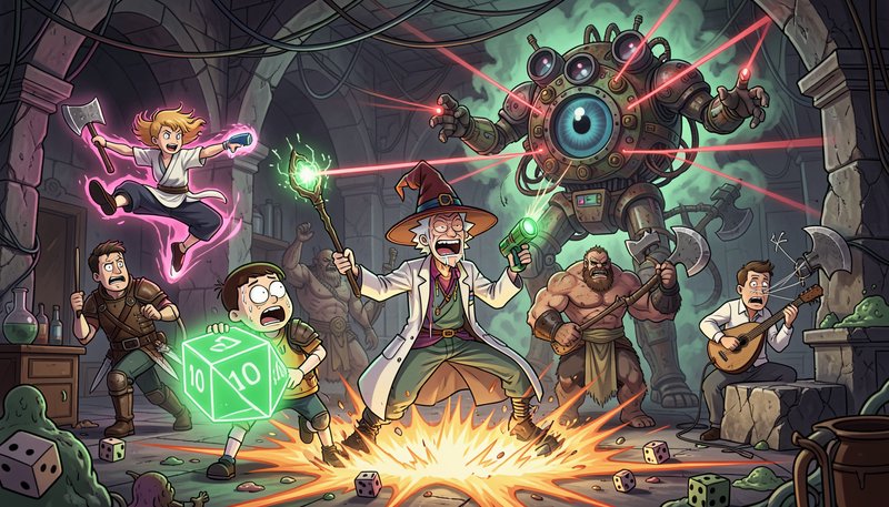 Cartoon RPG adventurers battle a laser-firing steampunk beholder robot in a chaotic stone dungeon