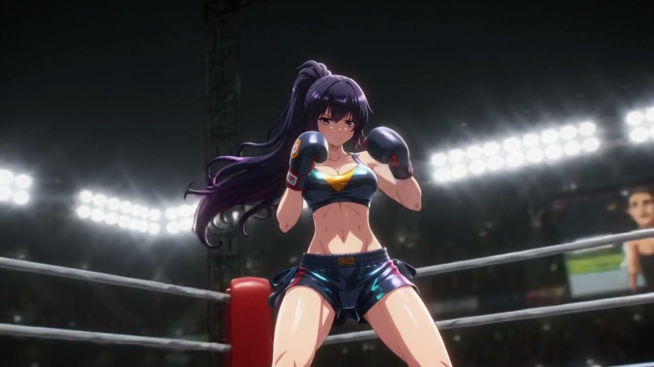 Anime-style female boxer stands in a ring with fists up under bright arena lights.
