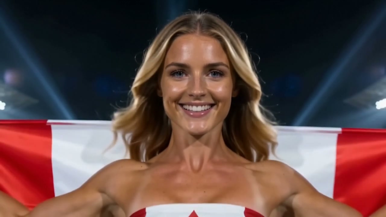 Smiling contestant on stage with a red-and-white flag backdrop.