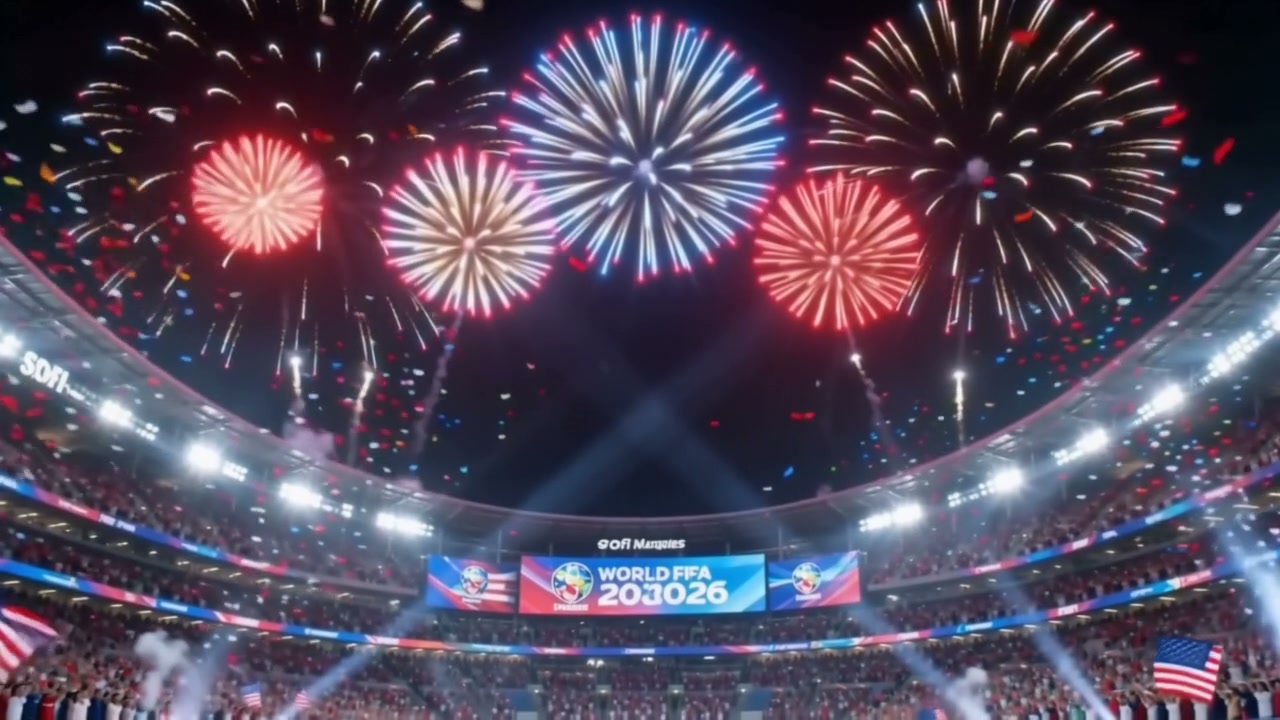 Fireworks explode over a packed stadium during a World Cup 2026 event.
