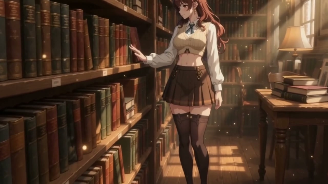 Anime girl in a library, touching books on a tall wooden shelf, warm golden light.