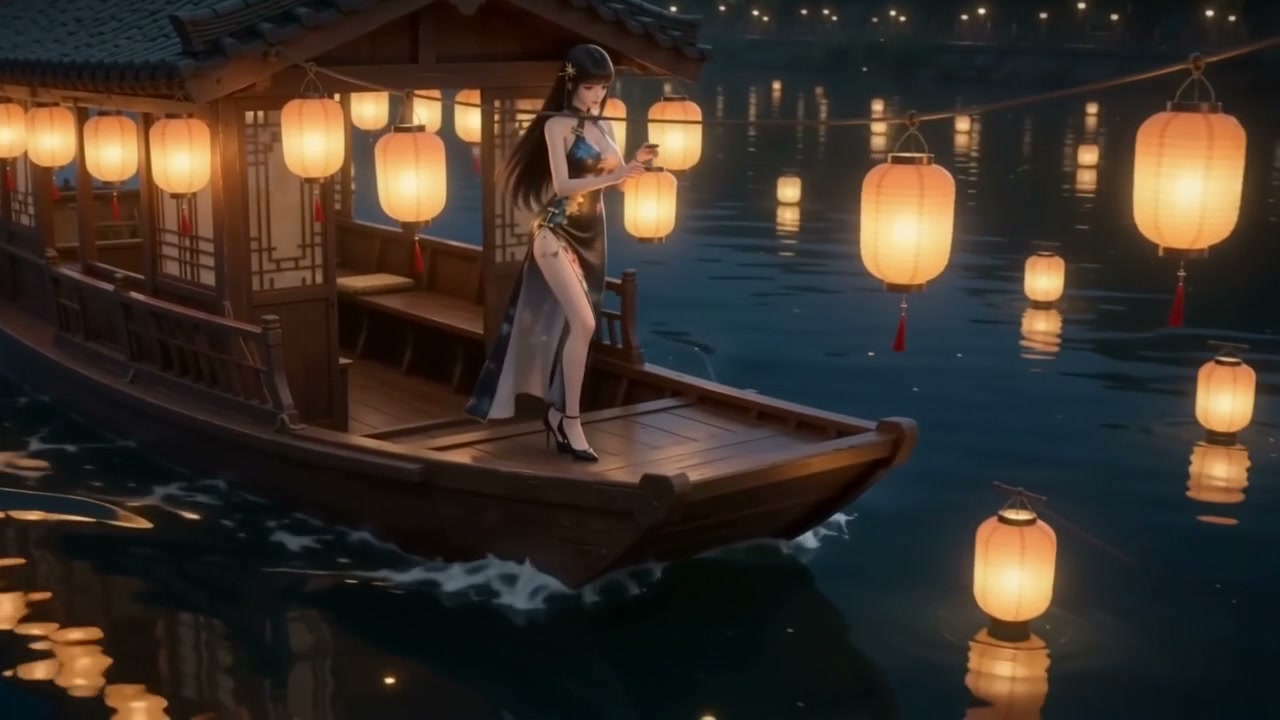 Woman in a slit cheongsam-style dress stands on a wooden boat among hanging lanterns on a moonlit...