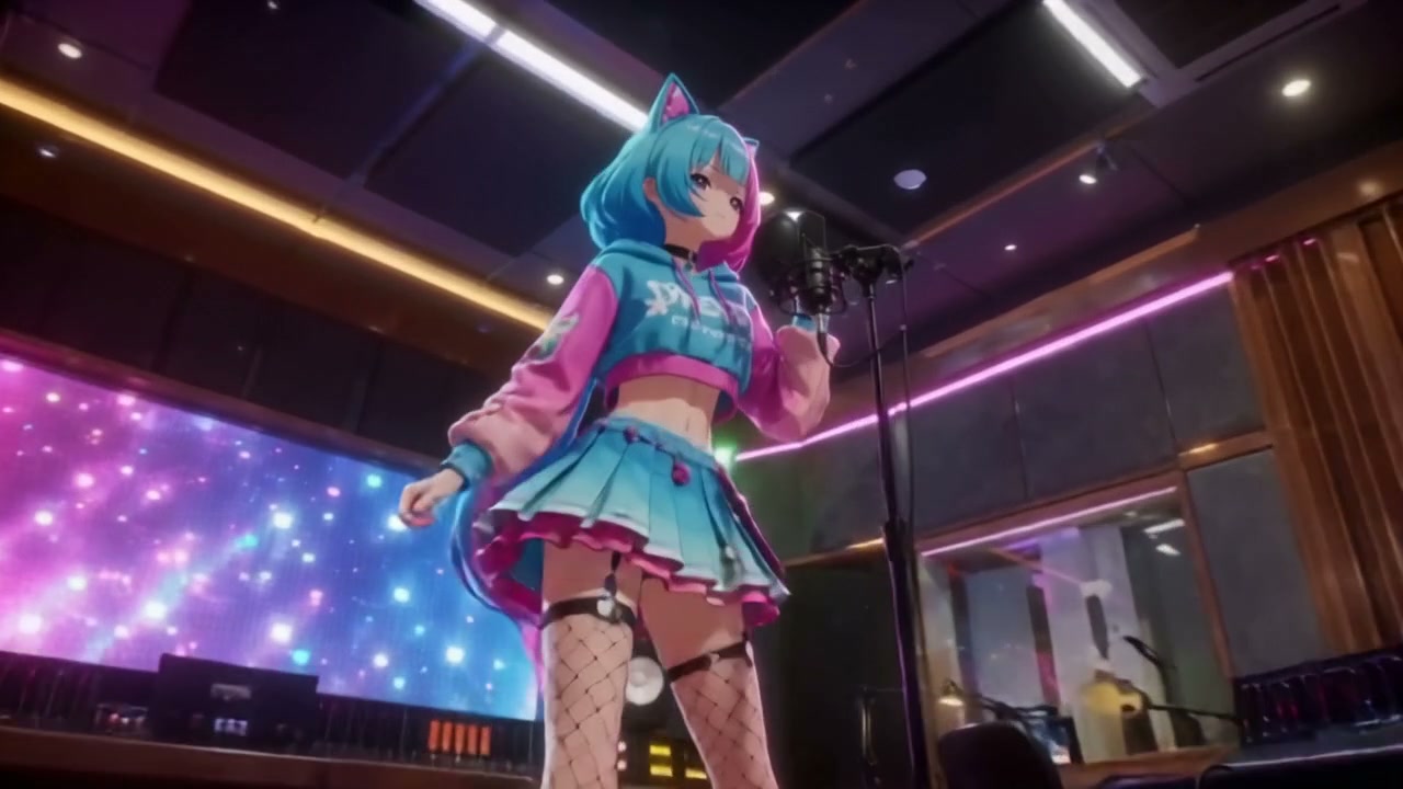 VTuber with turquoise hair and cat ears singing into a studio microphone under neon lights.