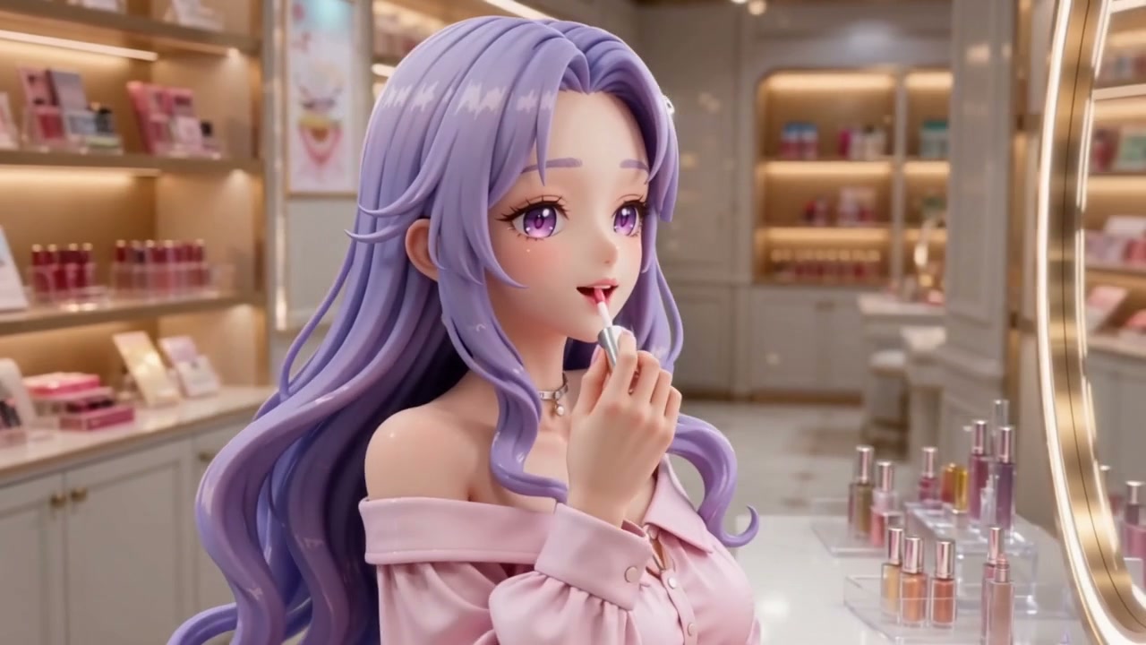 Anime-style female figure with lilac hair applying lipstick in a bright cosmetics store.