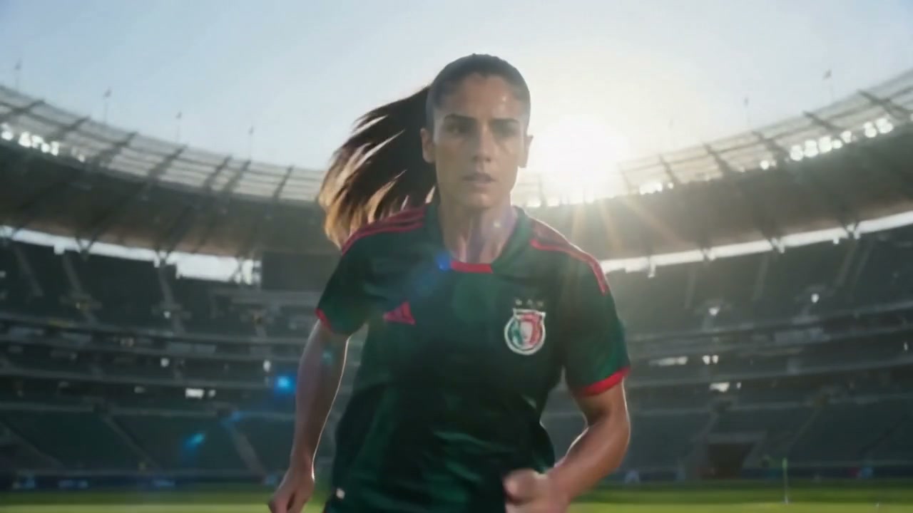 Focused female Portugal national soccer team player runs toward the camera in a sunlit empty prof...