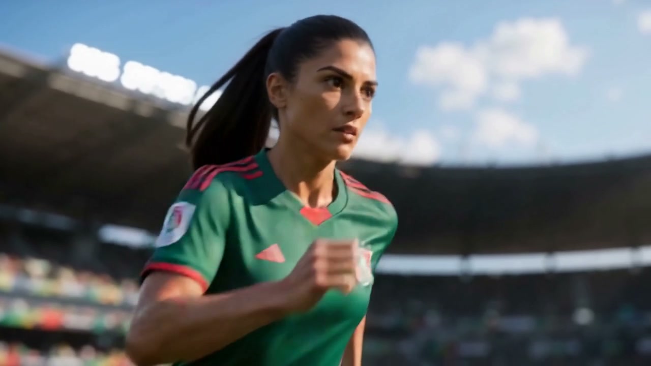 Focused female Mexico women's national soccer player running mid-match in a large outdoor profess...