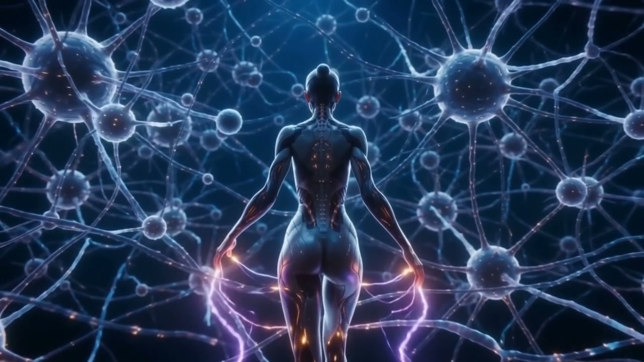 Rear view of a futuristic humanoid cyborg surrounded by glowing interconnected neural network, ho...