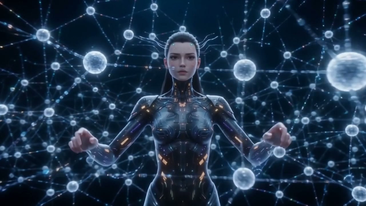 Sleek female cyborg in a glowing cyber exosuit stands centered before an expansive floating inter...
