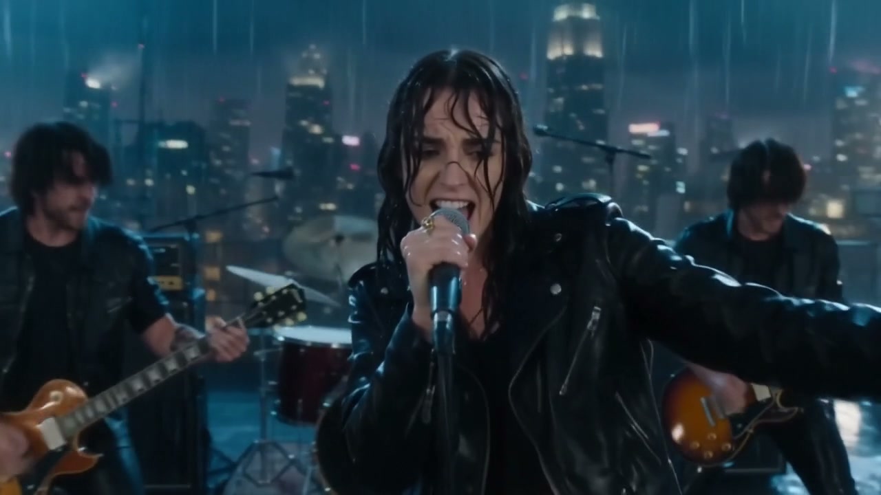 Wet female rock vocalist sings into a mic, with band performing on a rainy rooftop against a nigh...