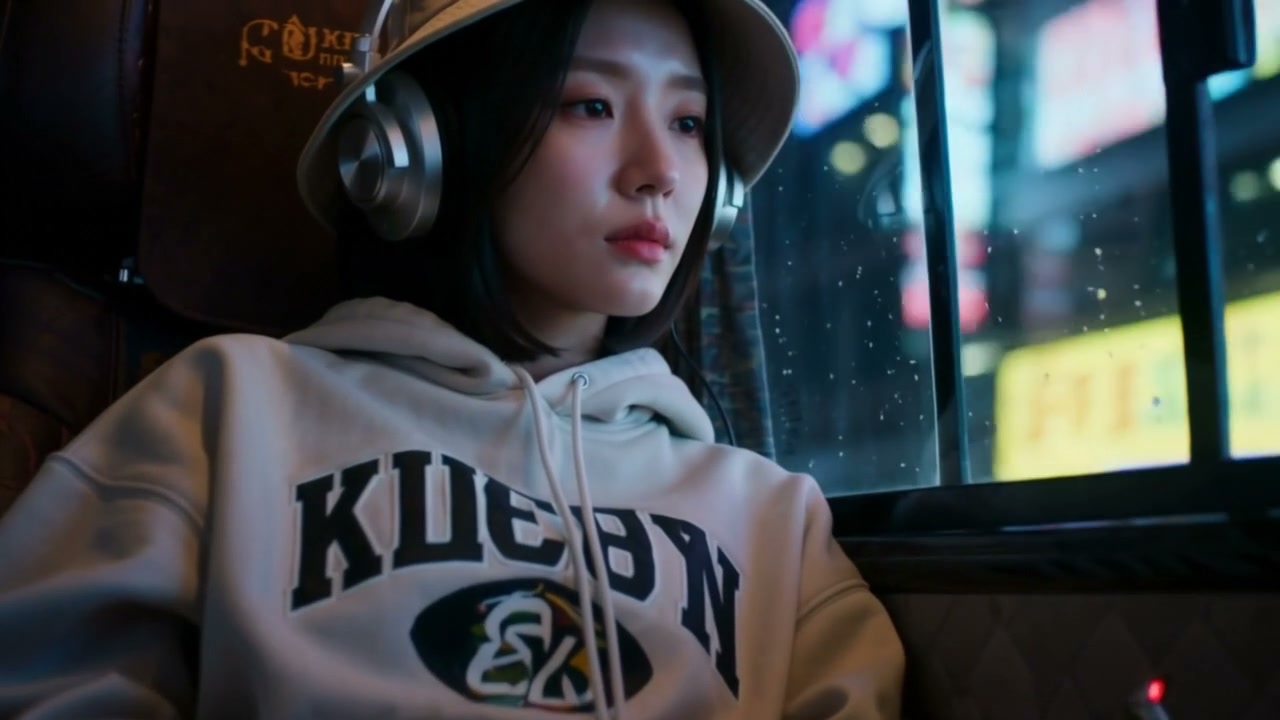 Young woman in a bucket hat and over-ear headphones sits on a night bus, gazing out a rain-spotte...