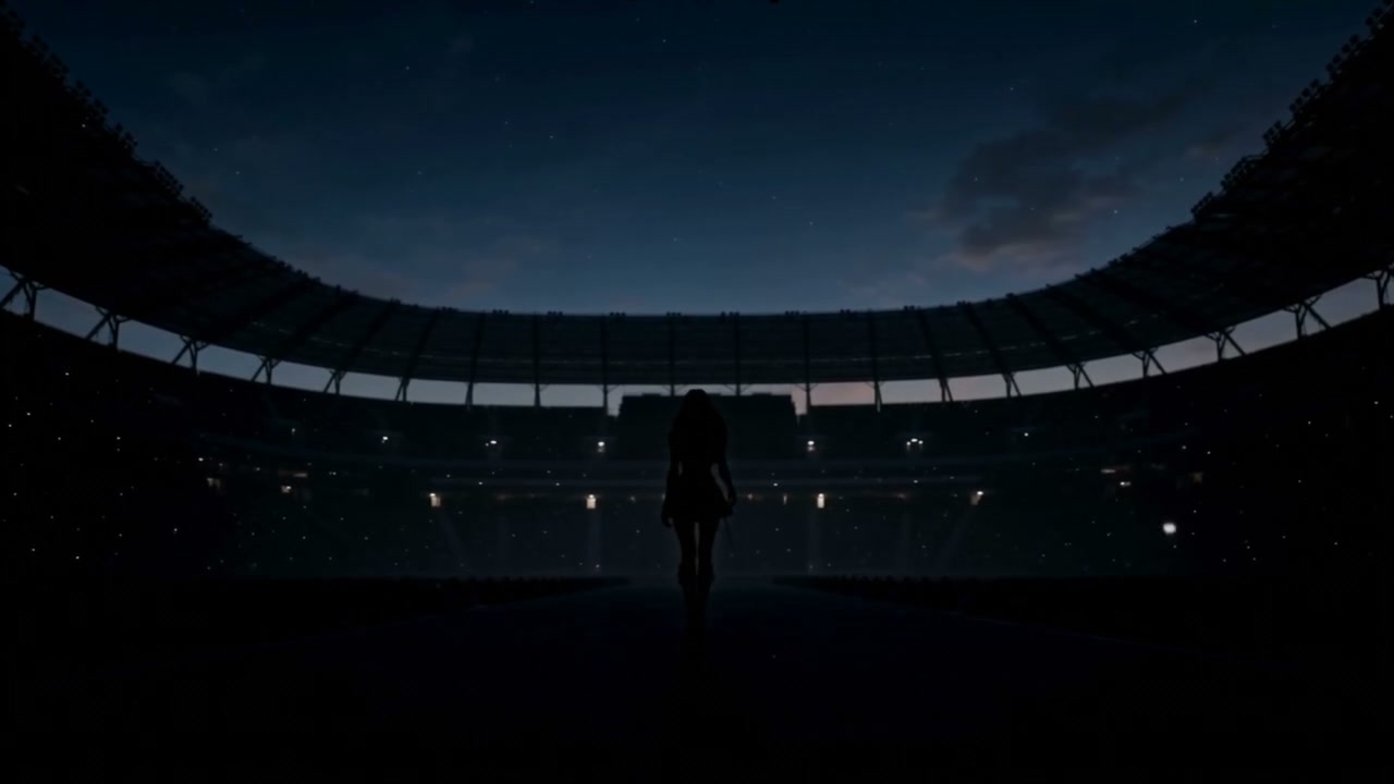 Silhouetted lone figure stands centered in an empty large stadium under a starry twilight night sky