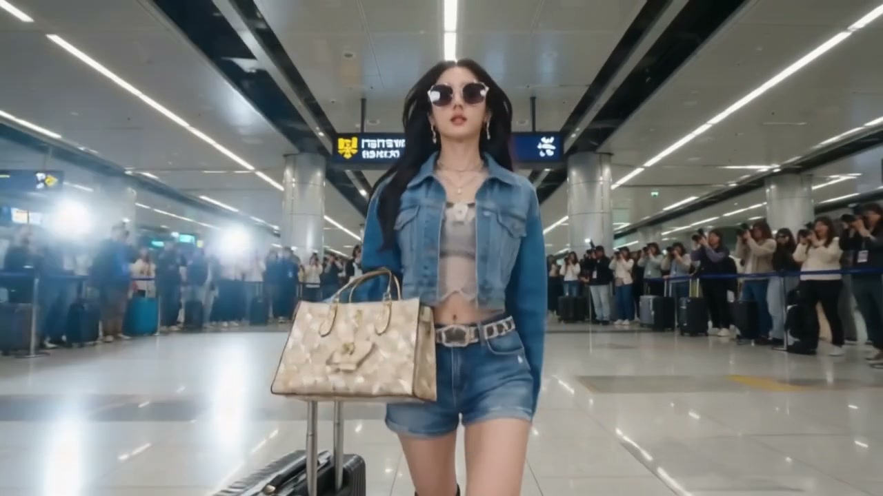 Stylish female celebrity in denim outfit walks through airport terminal as paparazzi photograph h...