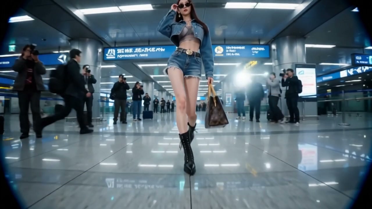 Low angle shot of stylish celebrity in denim set walking through airport terminal as paparazzi ta...