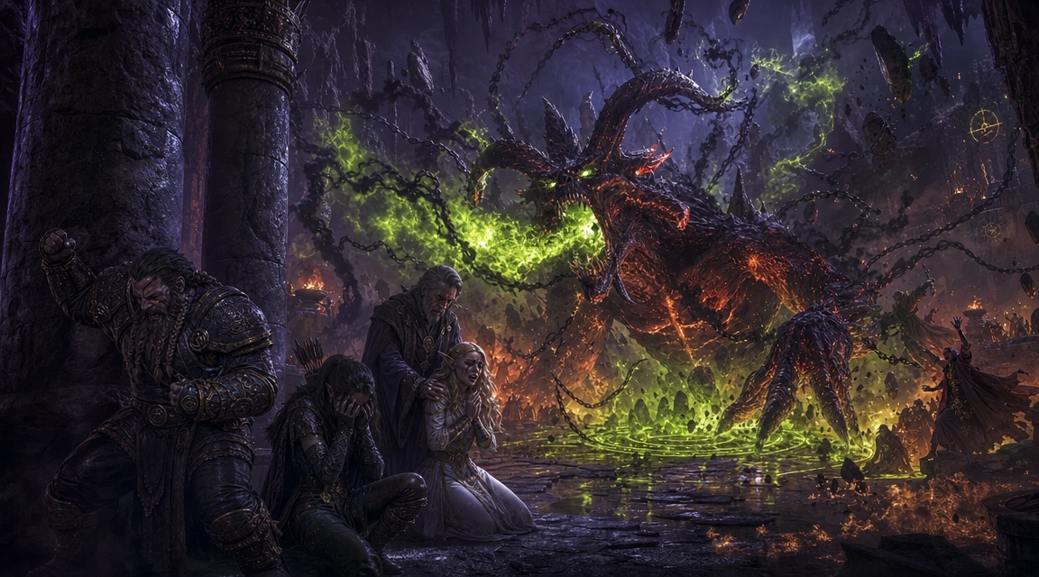 Dark fantasy scene with a colossal demon unleashing green energy as terrified travelers hide in ruins.