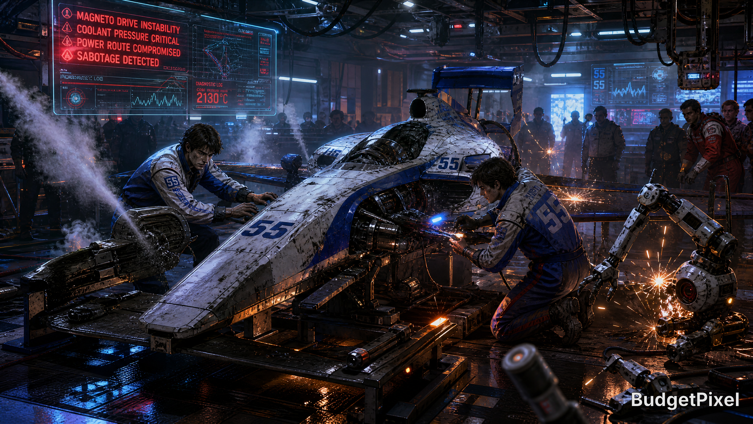 Futuristic spaceship on a maintenance platform with crew members, sparks flying in a high-tech hangar.