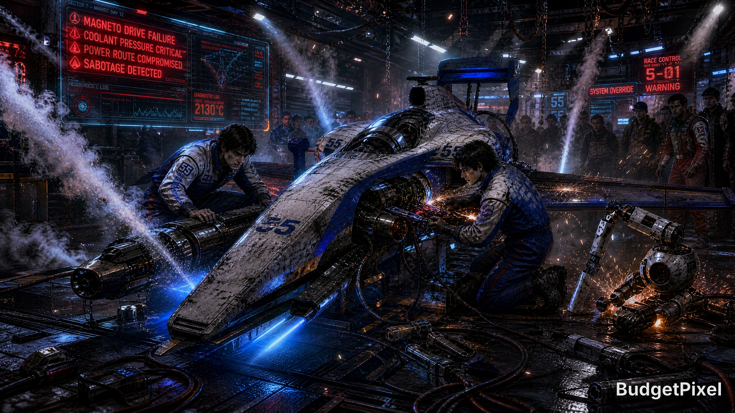Futuristic spacecraft being serviced by engineers in a high-tech hangar with glowing blue lights.