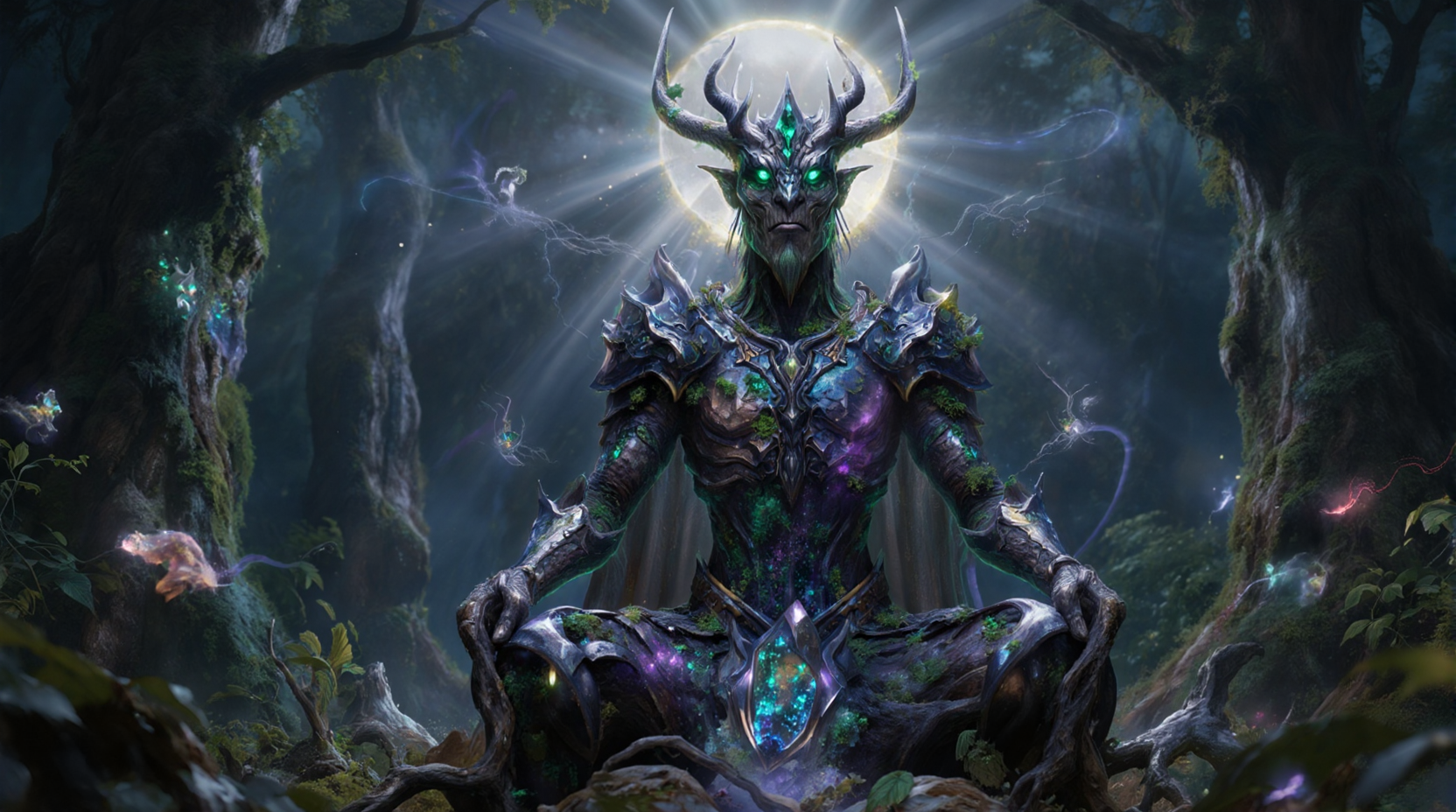 Fantasy horned forest deity in glowing armor seated in a mystical woodland