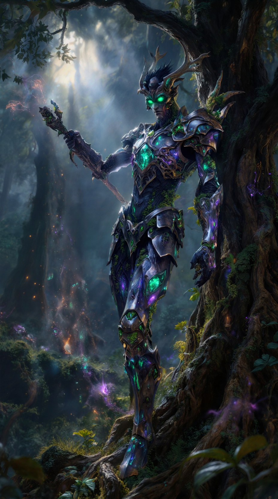 Fantasy armored elf warrior with glowing green eyes in a mystical forest