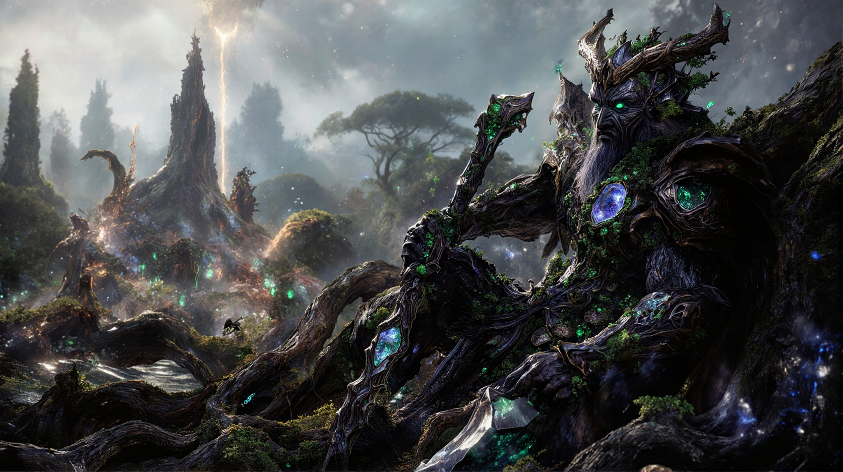 Dark, tree-like forest guardian with glowing emerald crystals and a magical staff.