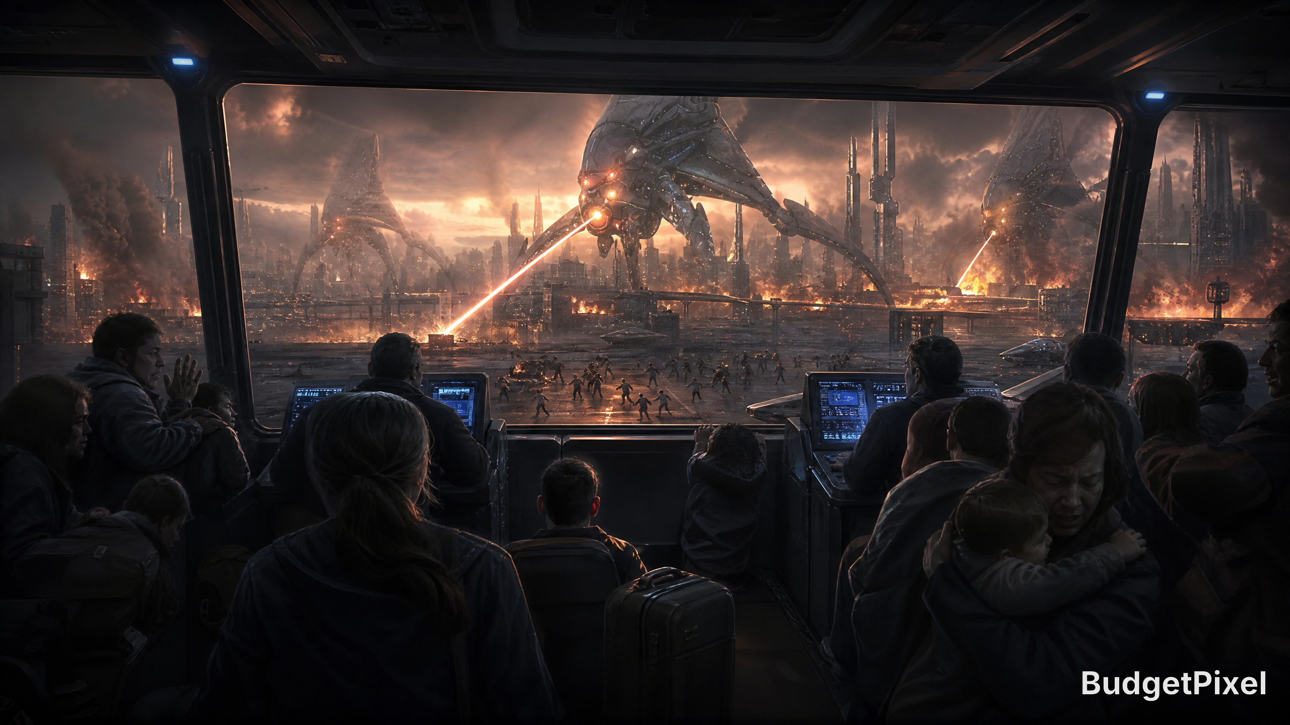 Inside a sci-fi command deck as a colossal dragon-like alien attack unfolds outside with laser beams.