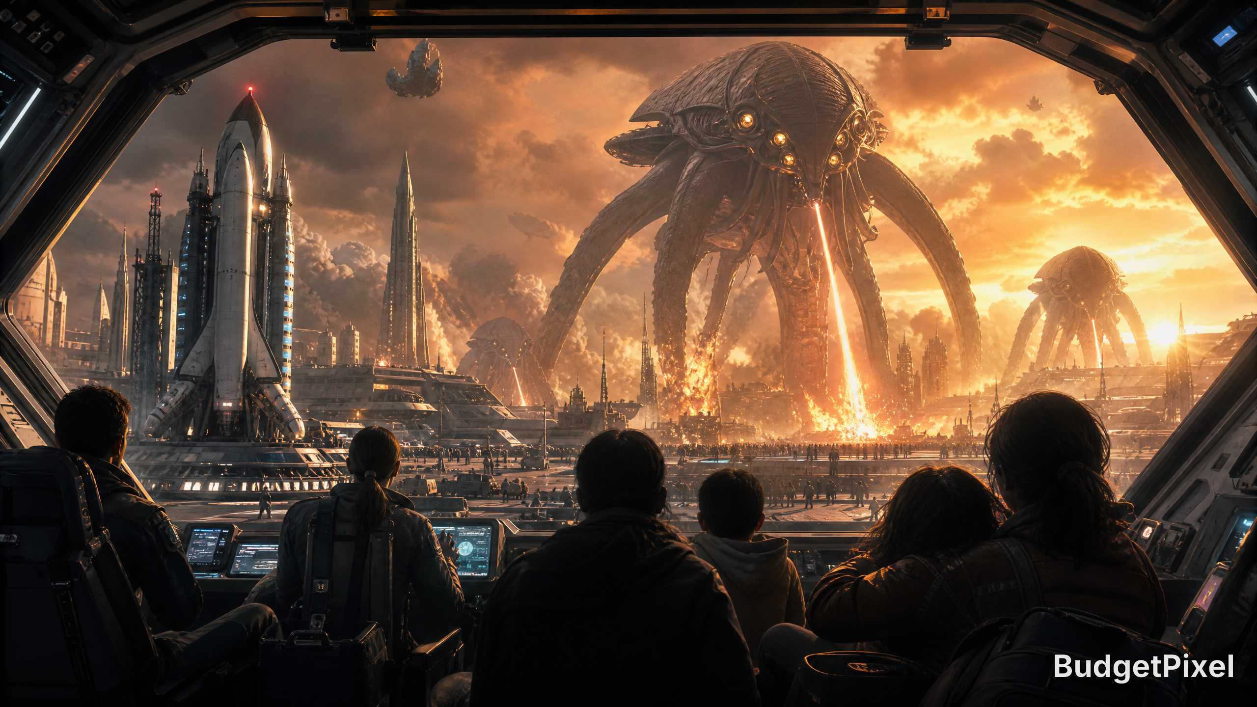 Crew inside a spaceship cockpit watching a giant alien squid-like creature attack a futuristic city at sunset.