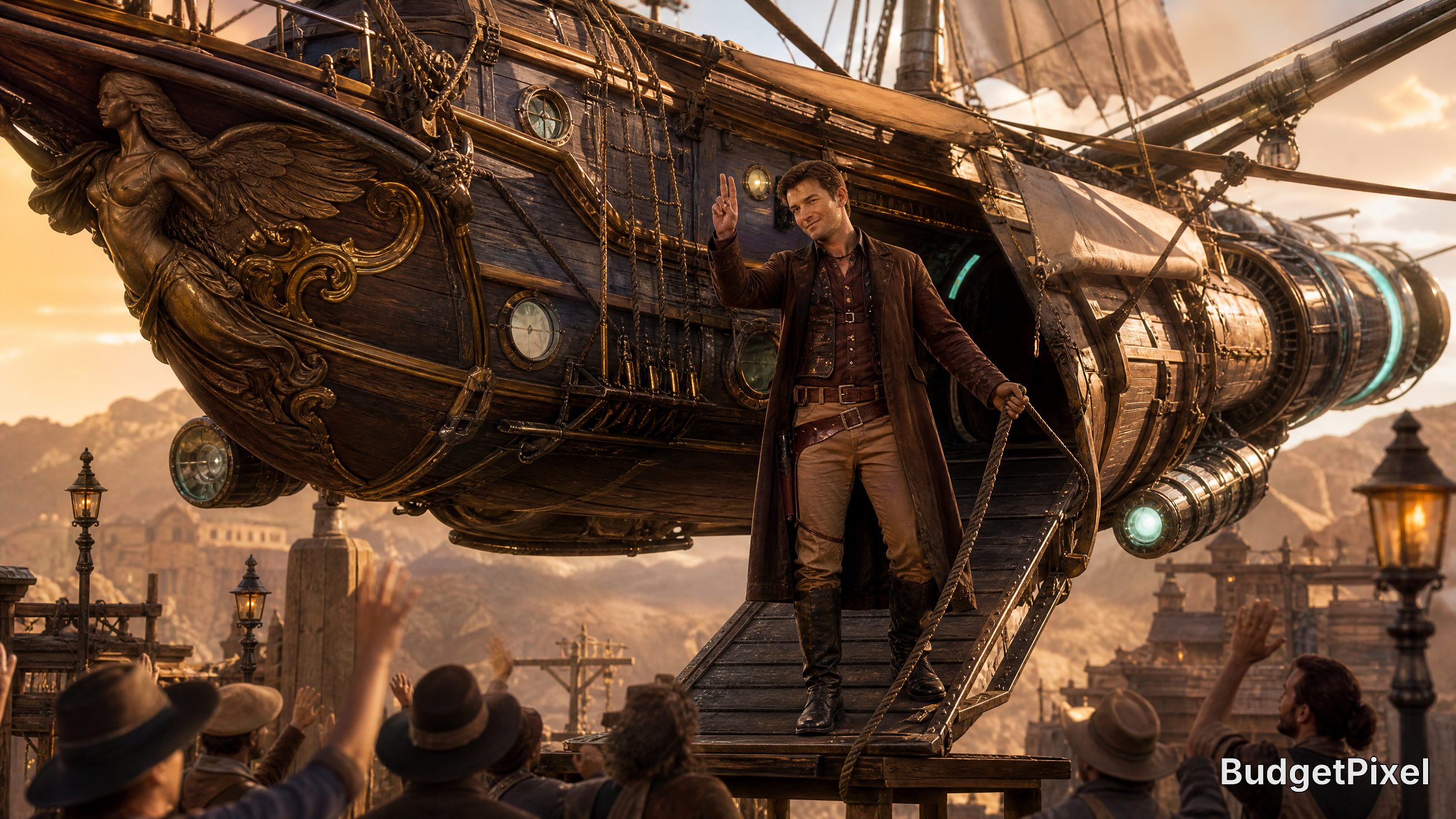 Man in a leather coat stands on a gangway of a large ornate airship, saluting a cheering crowd at sunset.