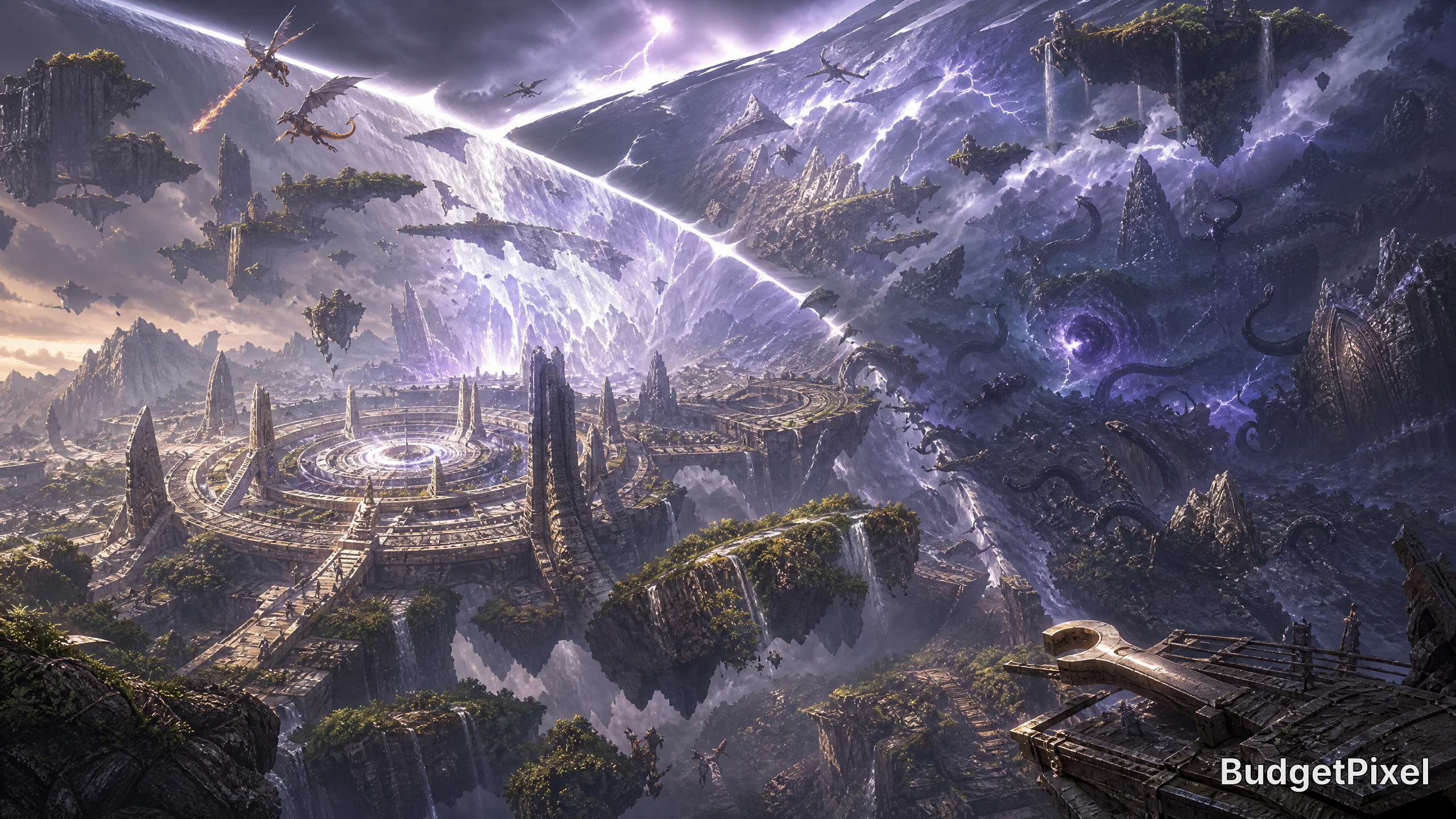 A vast fantasy landscape with floating ancient ruins, circular platforms, and glowing purple storm over jagged cliffs.