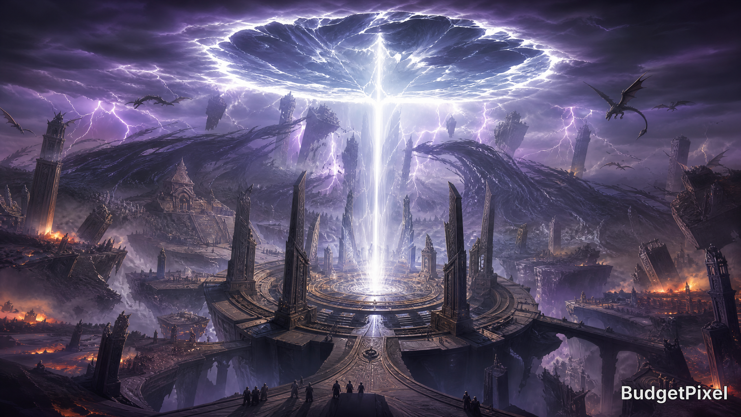 Epic fantasy city ruins with a glowing beam of light rising from a circular ritual platform amid purple stormy skies.