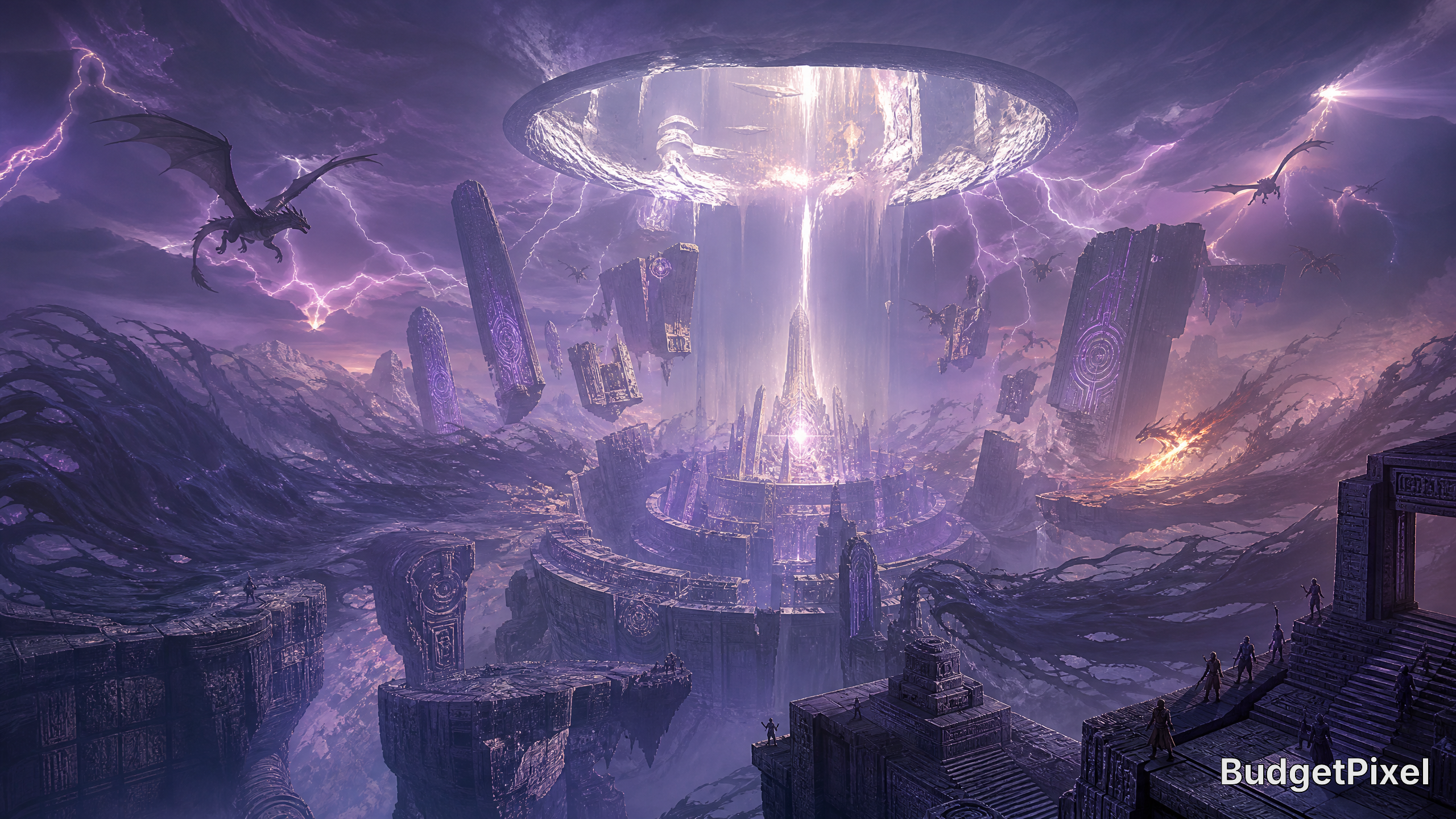 Surreal fantasy landscape with a luminous circular portal above ancient ruin ruins and floating monoliths.