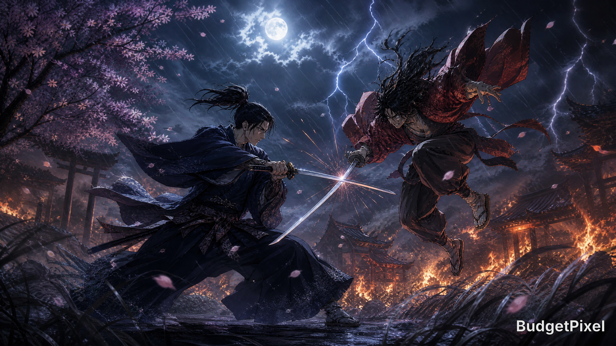 Duel between two samurai under lightning and moonlight amid a fiery night battlefield.