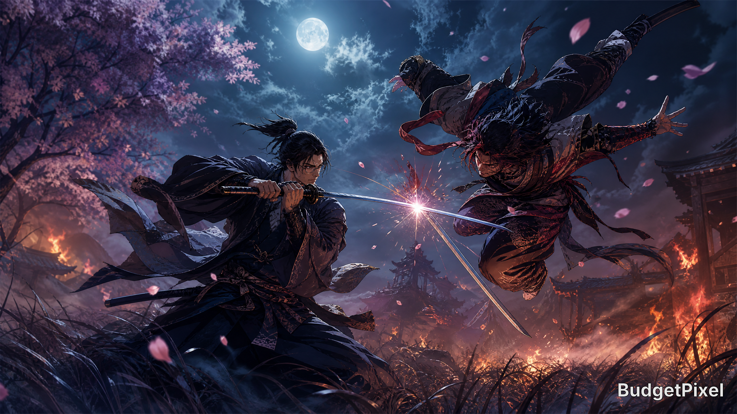 Two samurai duel under the full moon amid cherry blossoms and burning ruins.