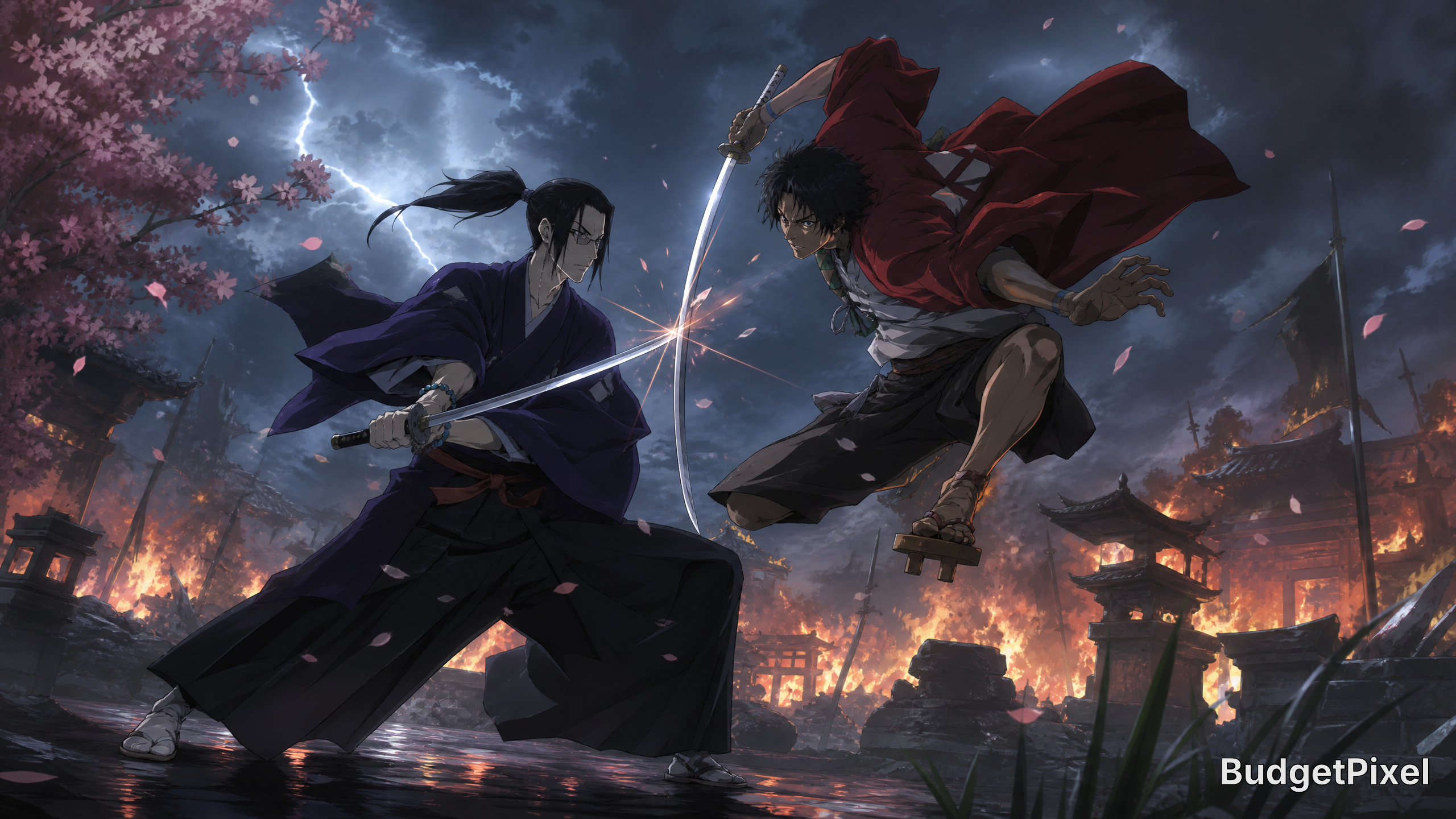 Two samurai duel with swords amid a fiery night, cherry blossoms and traditional Japanese architecture.