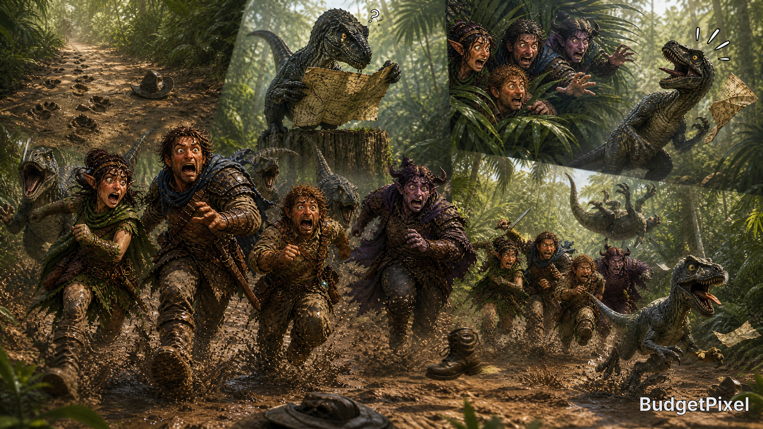 Group of muddy explorers fleeing dinosaurs in a dense jungle during an action-packed chase.