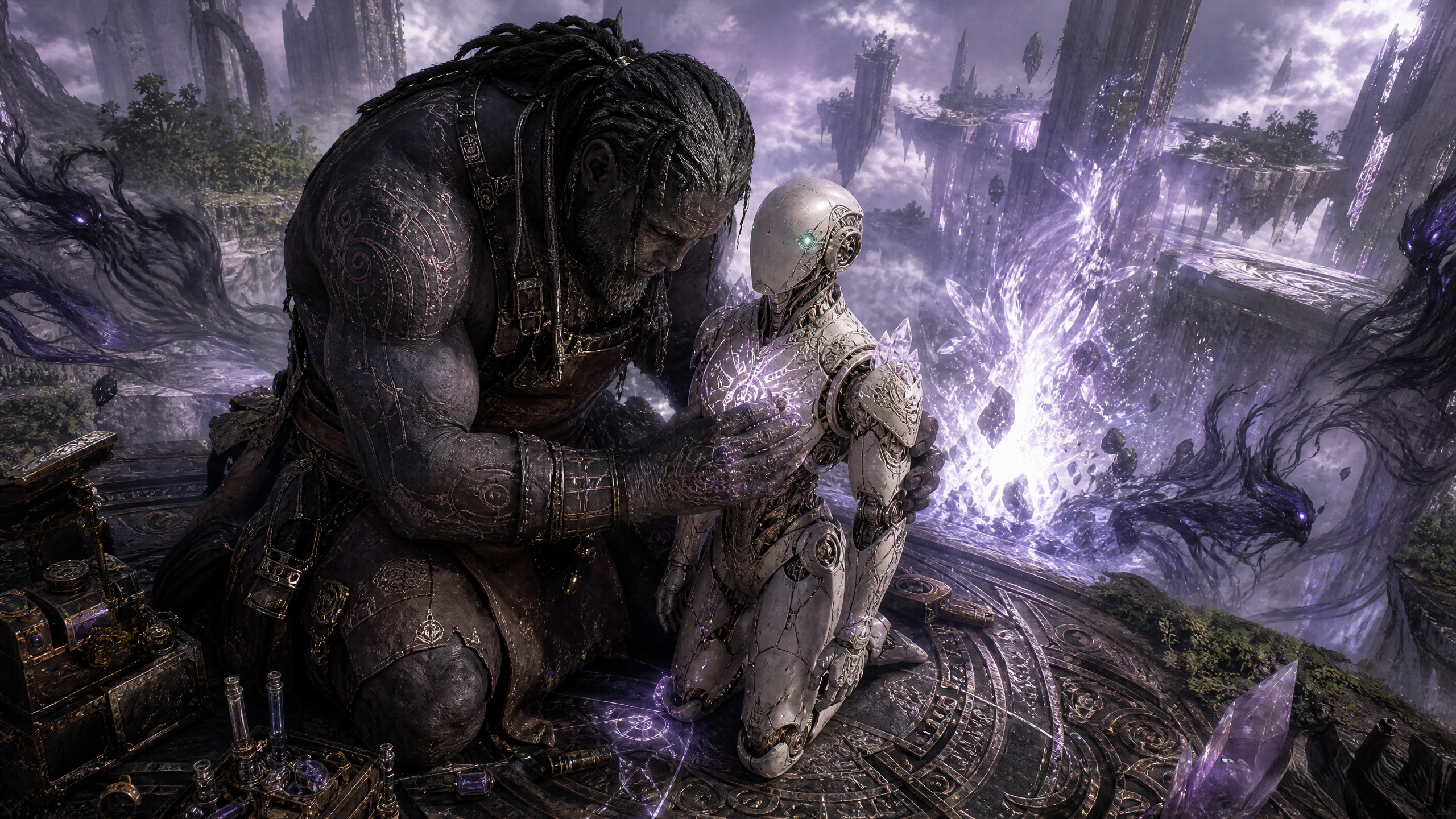 Large orc-like warrior consoles a silver humanoid robot on a mystical platform amid purple energy and crystalline ruins.