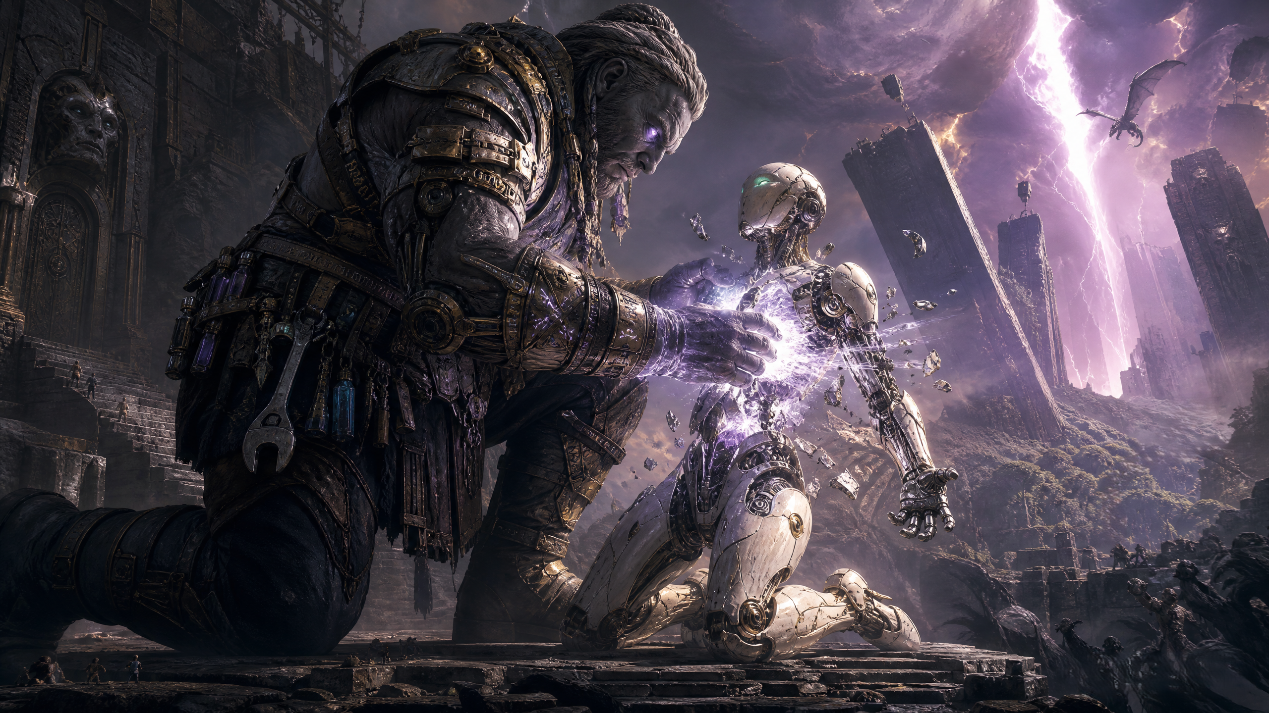 Massive armored warrior battles a glowing humanoid robot amid ruins and purple lightning.