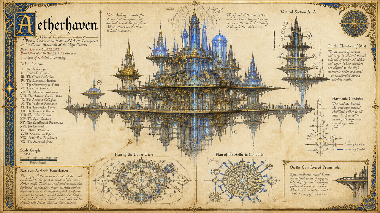 Ornate steampunk sky-city with blue-gold spires, floating platforms, and intricate brass architecture.