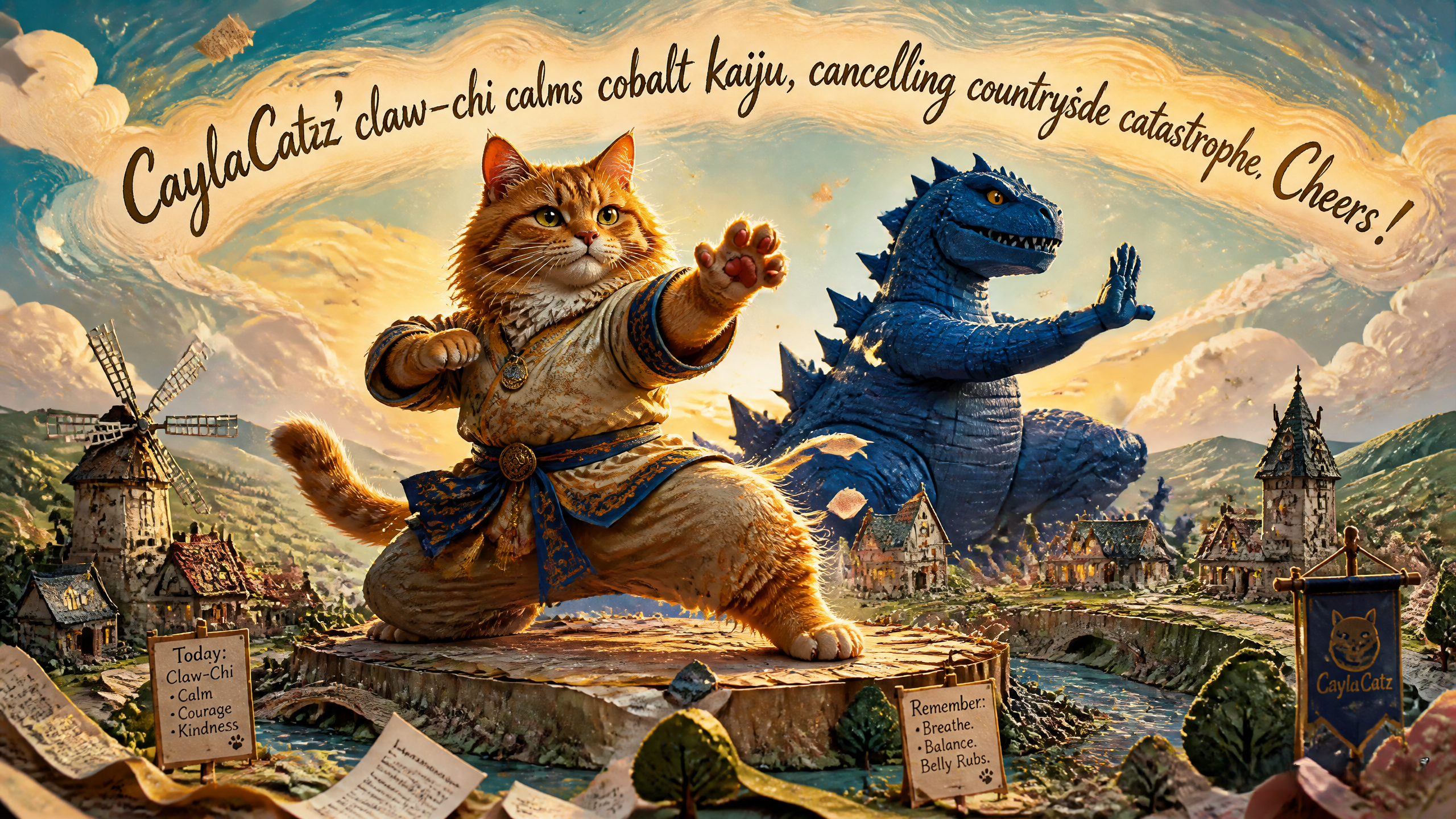 Animated cat in martial arts pose alongside a blue kaiju, dramatic fantasy poster scene.