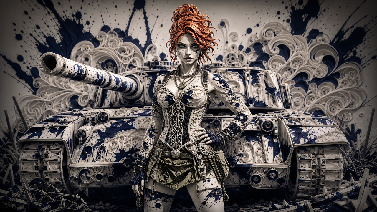 Confident red-haired fantasy soldier stands before an ornate papercraft battle tank in a gritty, ink-spl