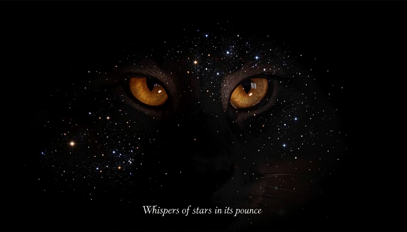 Surreal cosmic black cat with glowing golden amber eyes, star-dusted fur, and the text 'Whispers of stars in its pounce' o...