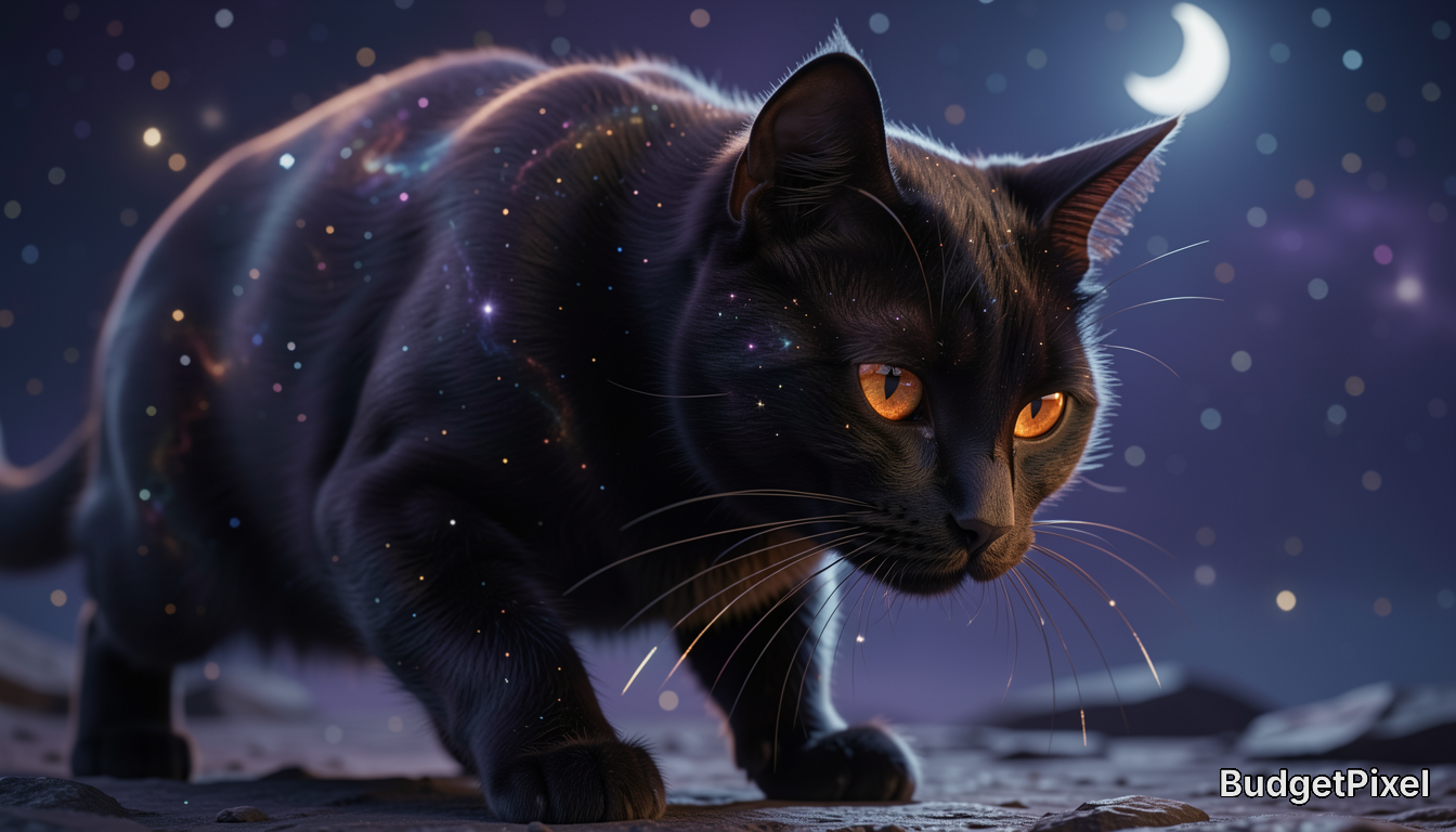 Sleek black cat with glowing orange eyes, fur speckled with cosmic stardust, stalking under a crescent moon in a starry ni...