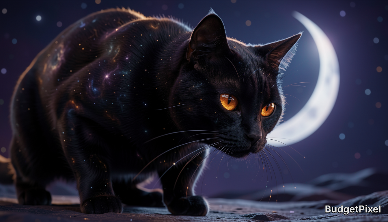 Alert cosmic black cat with glowing orange eyes and starry galaxy fur, crouched under a glowing crescent moon in a starry ...