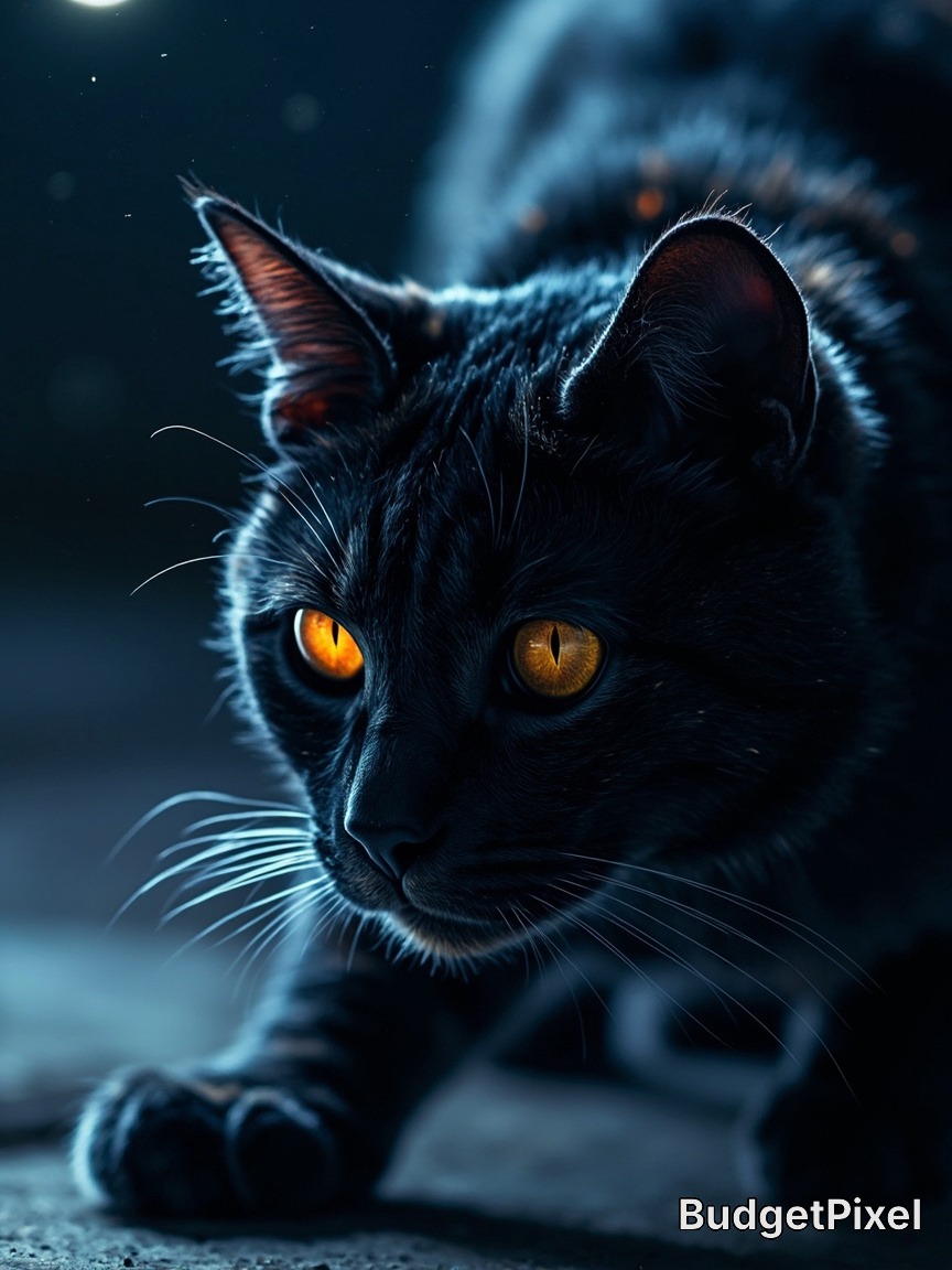 Sleek black cat with glowing golden-amber