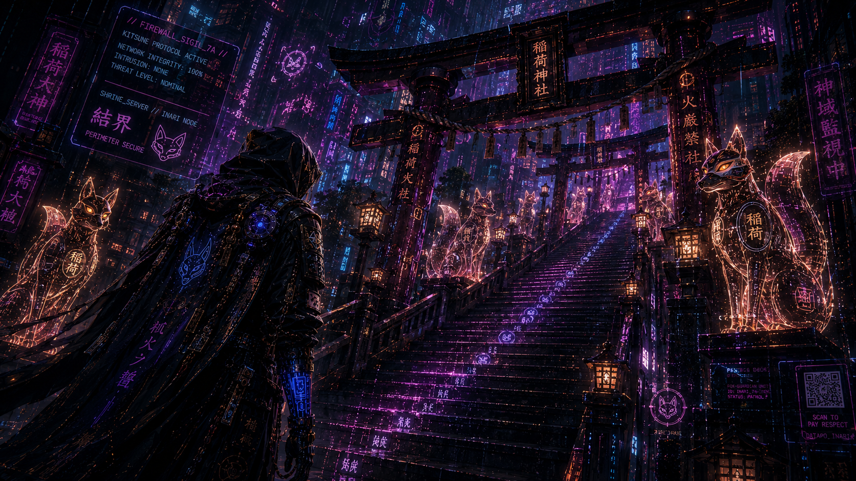 [Hooded cyberpunk wanderer stands before a glowing neon Inari torii shrine lined with holographic kitsune guardians in a d...