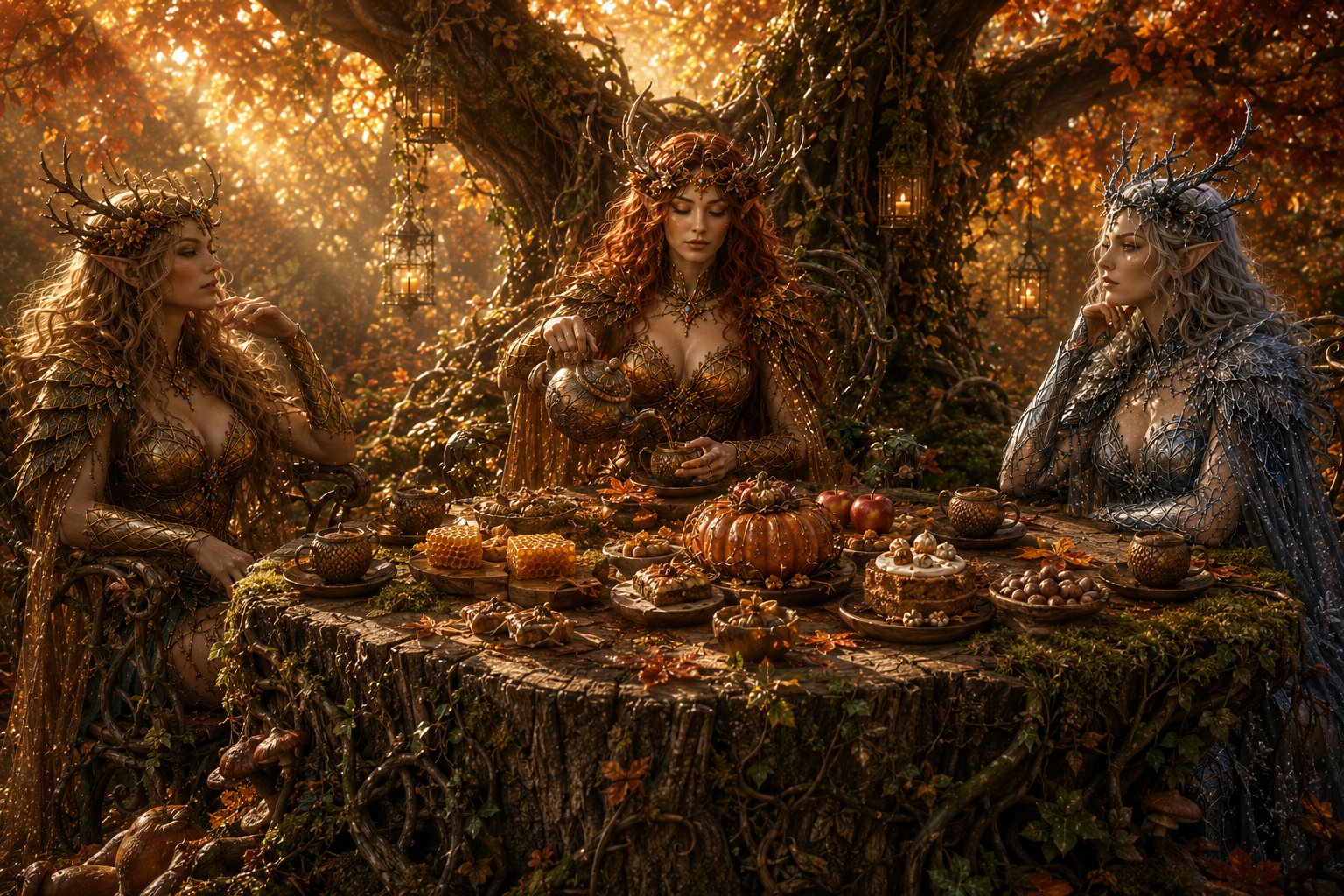 Three antler-crowned elven queens gather for a harvest tea party at a mossy stump table in a golden sunlit enchanted autum...
