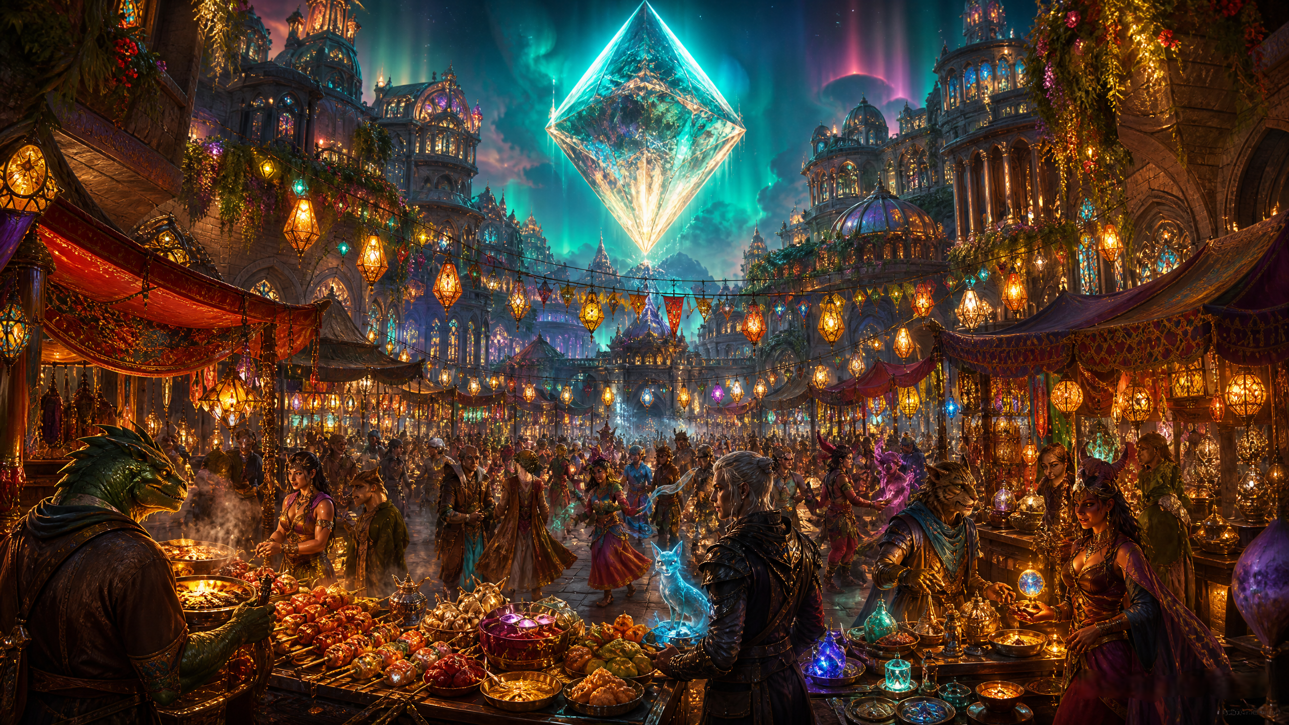 [Giant glowing floating diamond crystal hovers over a bustling, vibrant fantasy night market full of magical vendors and p...