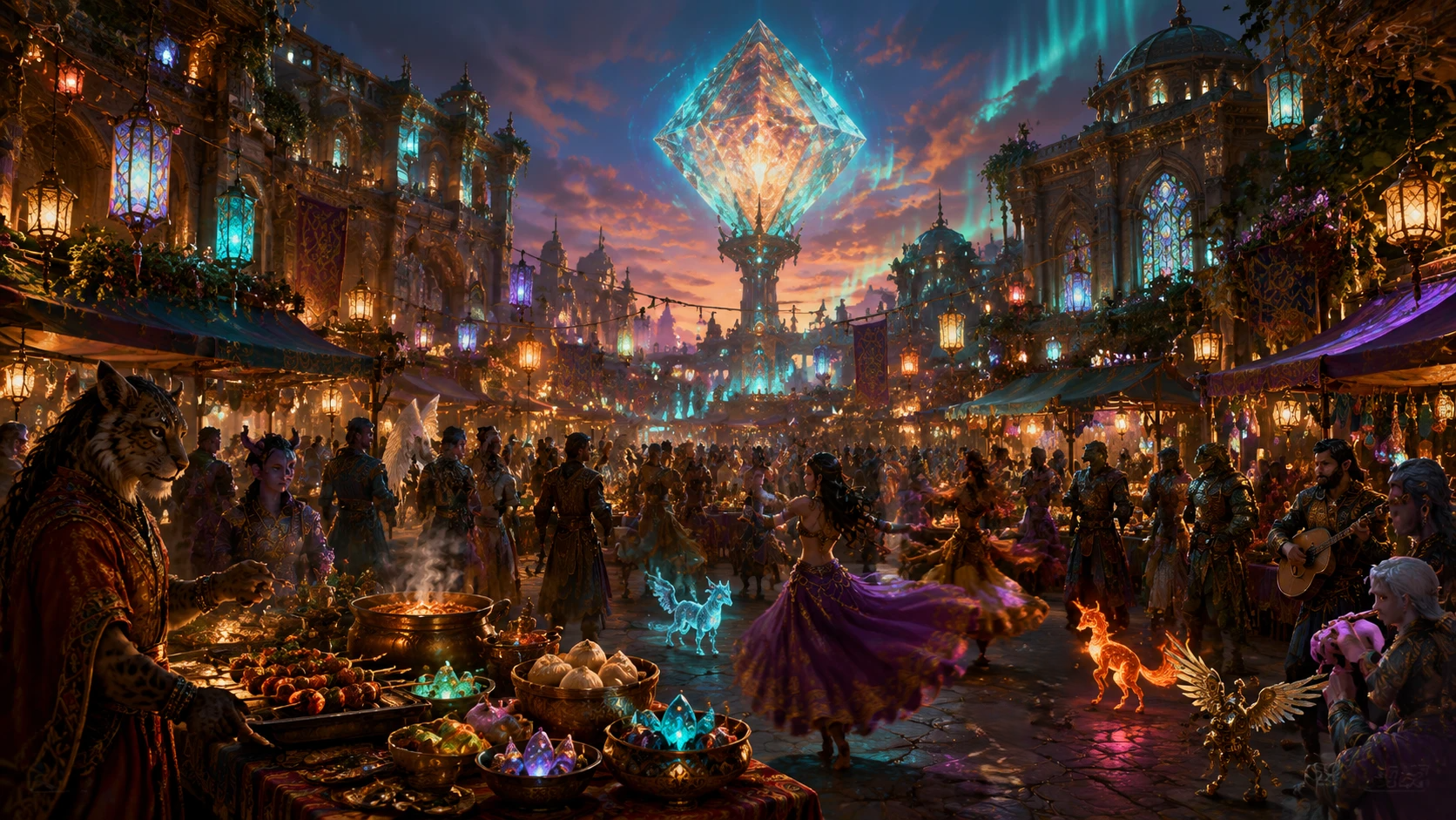 Bustling magical fantasy night market with glowing giant crystal, mythical beings, dancing figures, and ornate lit palace ...
